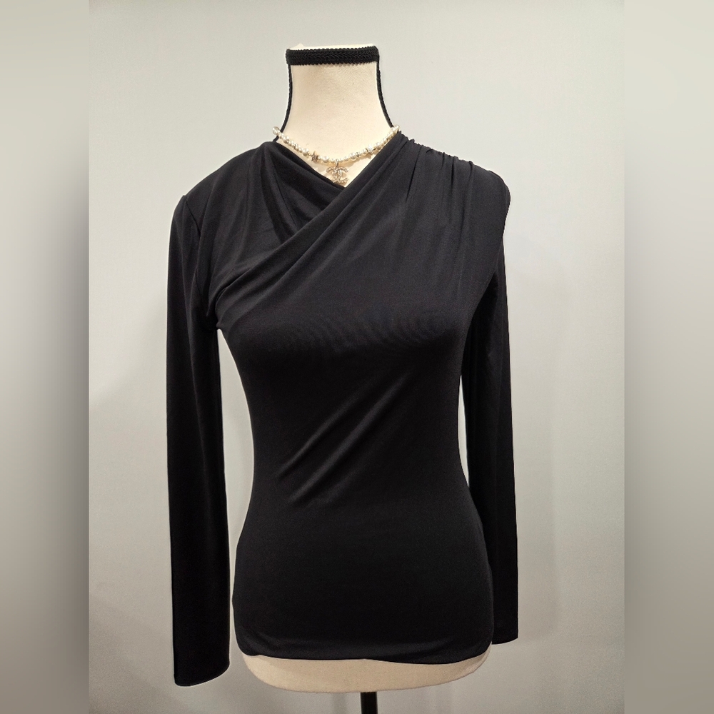 NWT RW&CO Black Draped Cross-Neck Top XS | Workwear Chic